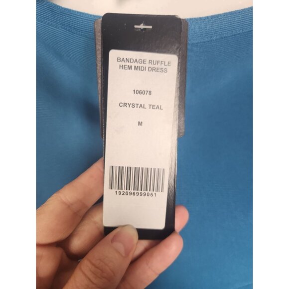 Bebe Women's Sz. M Bandage Ruffle Midi Dress In Crystal Teal NWT - Picture 2 of 6